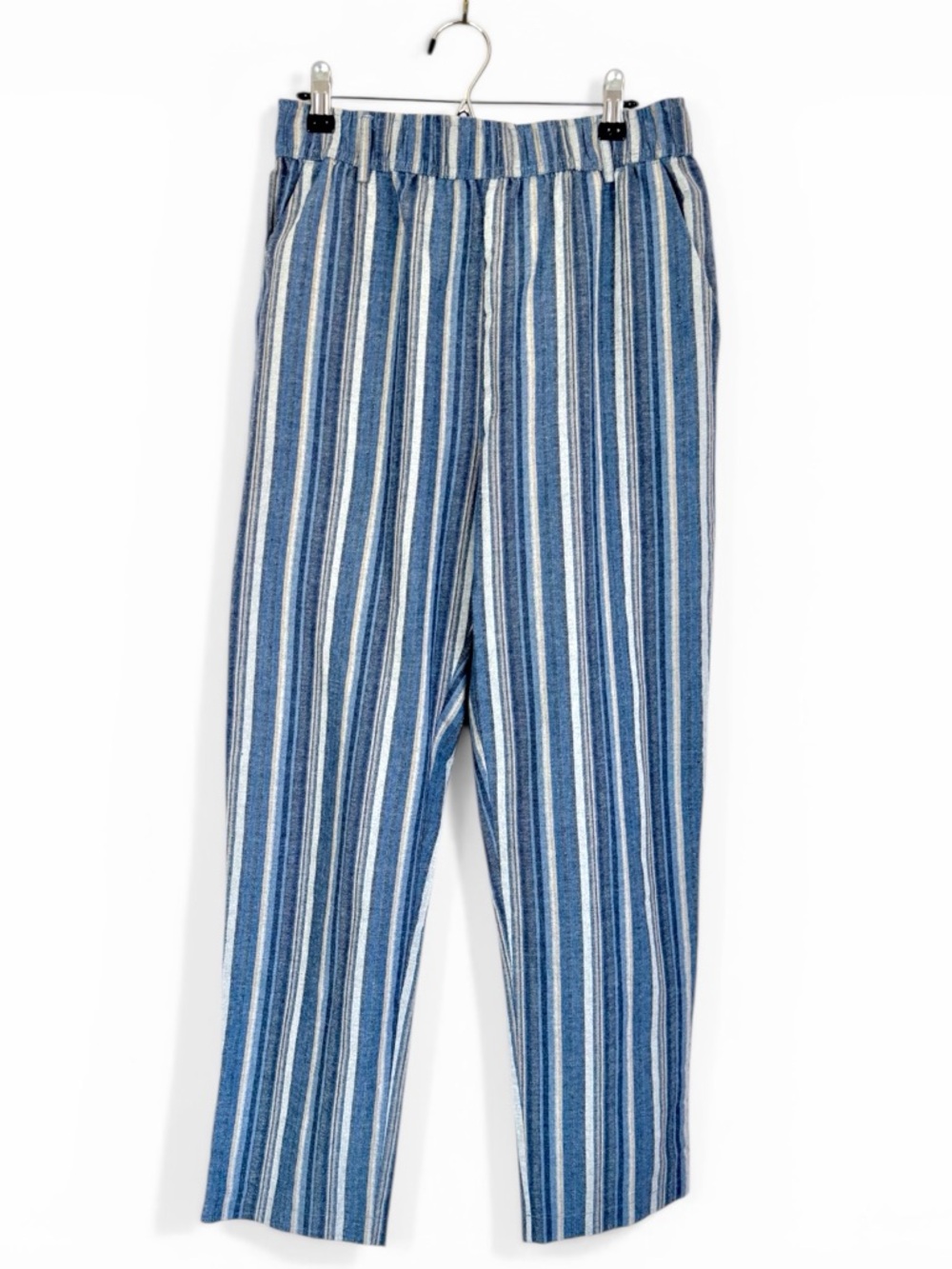 Umgee Blue Striped Linen Cotton Pants Women’s Medium Casual Beach Coastal Comfy
